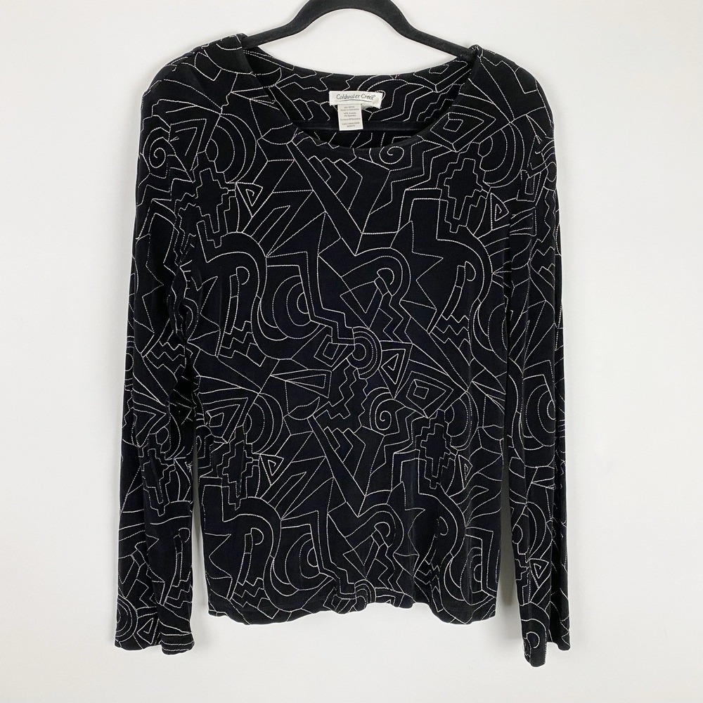 Coldwater‎ Creek Black Stitched Abstract Pattern Pullover Travel Top Women S